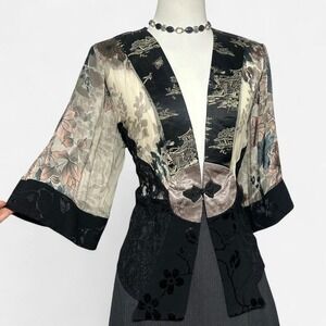 Vintage Kimono Jacket Womens PL Lace Trim Silk Flare Sleeve Boho Whimsigoth